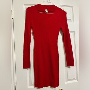 Hot Red Long Sleeved V Neck Dress